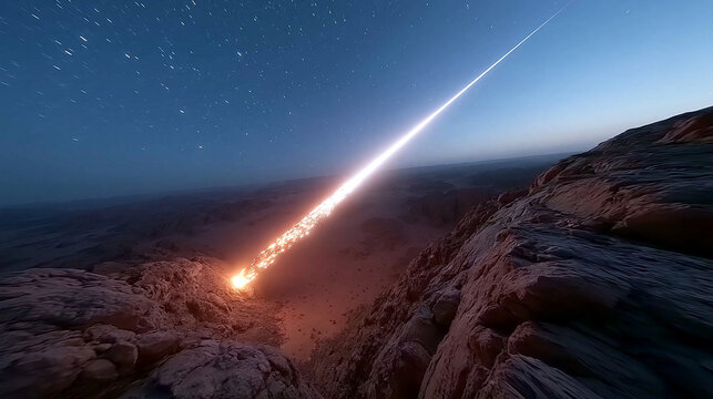 Gl&uuml;hender Meteor rast &uuml;ber felsige W&uuml;stenlandschaft in der D&auml;mmerung