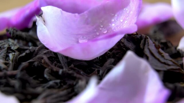 Pink Rose Petals with Dried Tea Leaves Rotating, Botanical Macro
