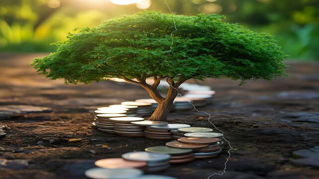 Green tree growing on stacked coins representing sustainable investment and financial growth