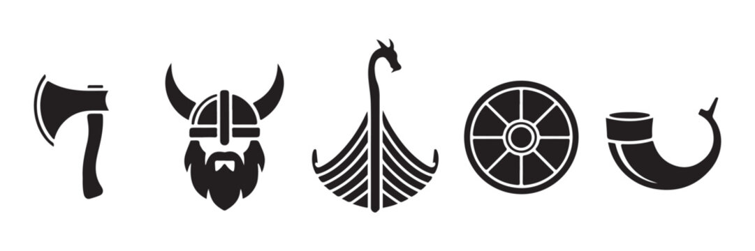 Set of viking themed symbols including battle axe warrior head dragon ship round shield and horn icon.