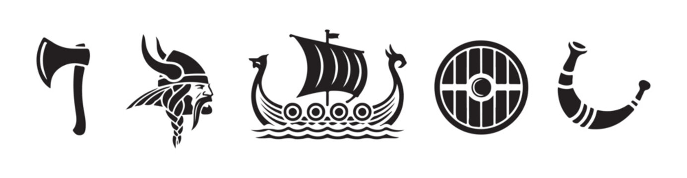 Viking cultural icon set showcasing battle axe fierce warrior helmeted head ship shield and horn tool.