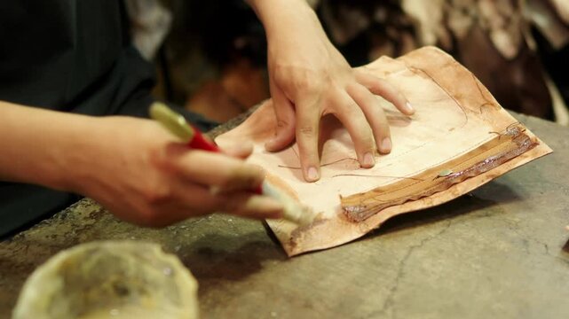 Artisan Hands Crafting Leather Wallet in Workshop With Glue and Tools, Handmade Leatherwork