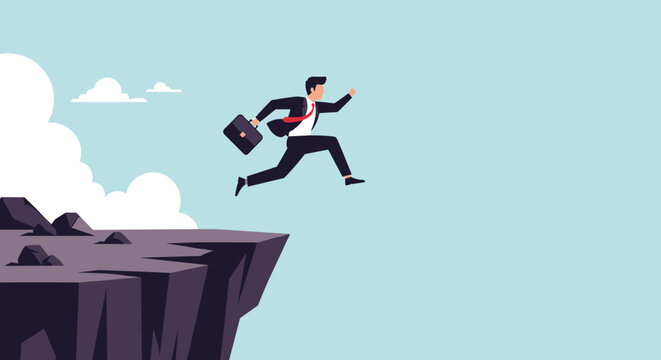 Brave businessman in a suit jumping across a deep chasm between two cliffs to reach the other side against a clear sky.
