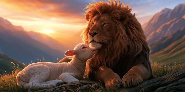 Lion and lamb resting together in a scenic mountain valley at sunset, representation of peace and harmony