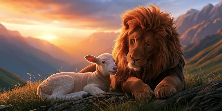 Lion and lamb resting together in a scenic mountain valley at sunset, representation of peace and harmony