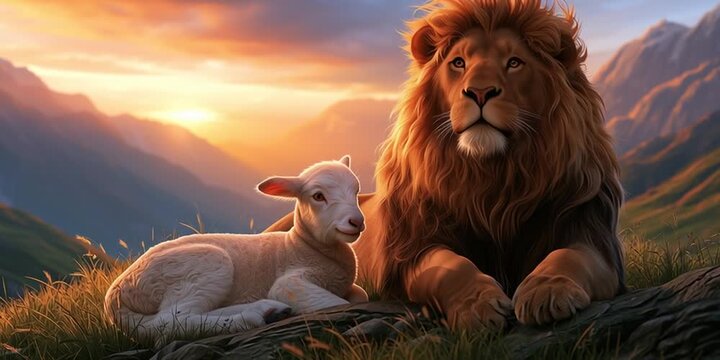Lion and lamb resting together in a scenic mountain valley at sunset, representation of peace and harmony