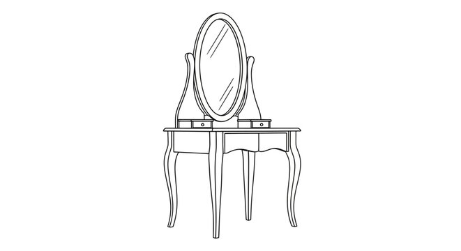 Vintage dressing table with oval mirror with line drawing vintage decorative furniture interior cabinet drawers classic vanity beauty with style