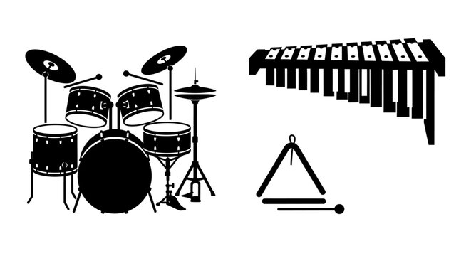 Black musical instruments on white background with black silhouettes drum set xylophone triangle white percussion