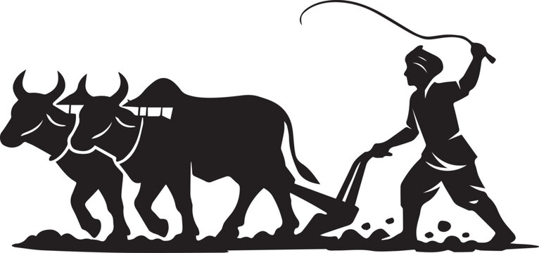 Farmer plowing field with two oxen in silhouette style Vector, illustration