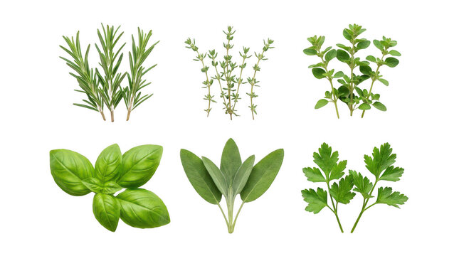 Set of fresh green culinary herbs including rosemary thyme oregano basil kale and parsley leaves for cooking recipes