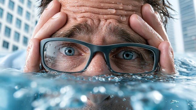Gesch&auml;ftsmann mit Brille h&auml;lt verzweifelt den Kopf &uuml;ber Wasserlinie