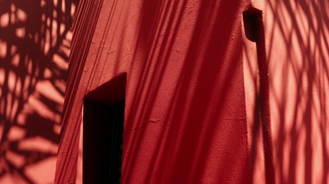 Red Wall With Palm Shadows and Architectural Openings Textured Surface Abstract Light Pattern