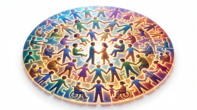 Diverse group of people holding hands in a glowing puzzle circle. Teamwork and unity concept for community or collaboration.