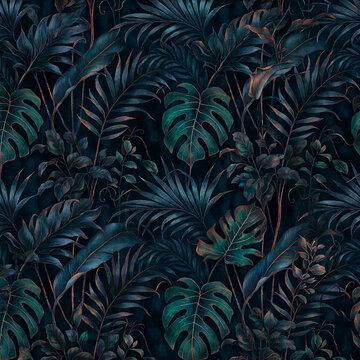 Seamless dark moody tropical foliage pattern, dark teal jewel-tone botanical on dark background for wallpaper, wrapping paper, textile and packaging design, elegant maximalist vintage floral repeat