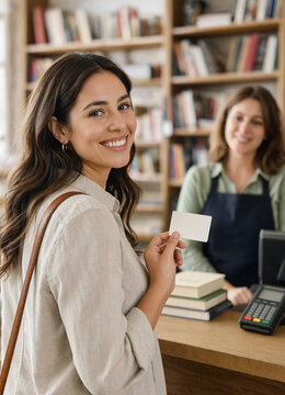 Woman makes a payment with a card while smiling at a bookstore counter. A cashier stands behind the counter with books and a card reader visible.