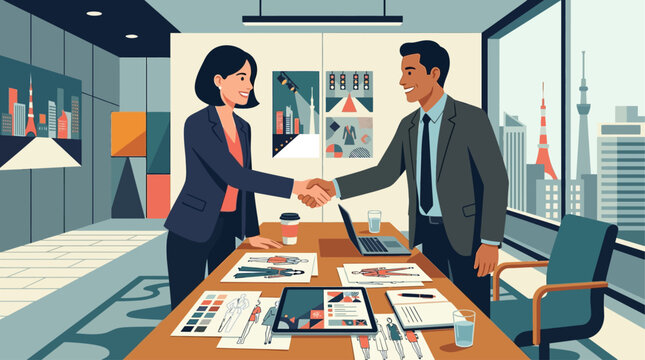 This crisp flat design illustration showcases a professional business deal or partnership being forged during Rakuten Fashion Week Tokyo, emphasizing the commercial side of the industry.