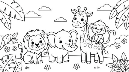 Line drawing of lion elephant giraffe and monkey with floral elements and clouds animal fauna wildlife savannah jungle © imranahmed