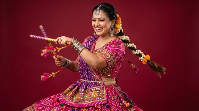 Traditional Indian Woman Dancing Dandiya Raas at Navratri Festival Celebration