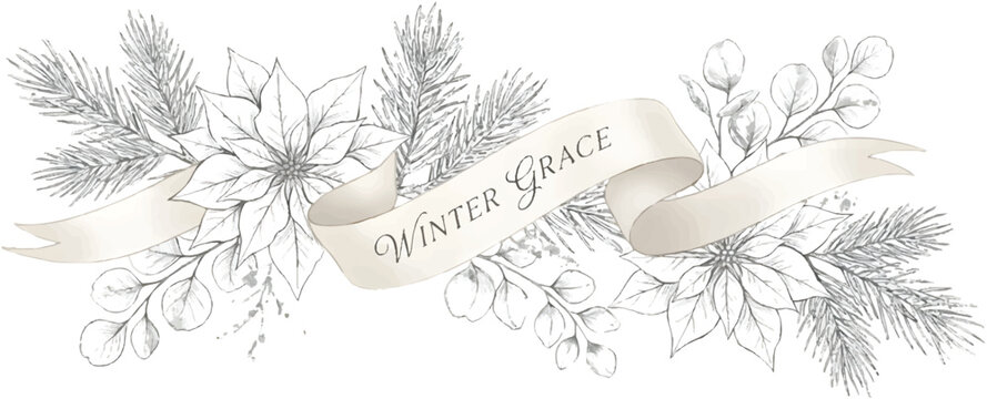 Vintage pine branch Christmas winter floral border vector element on a transparent background