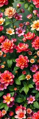 Fototapeta premium Lush pink and coral flowers with green leaves