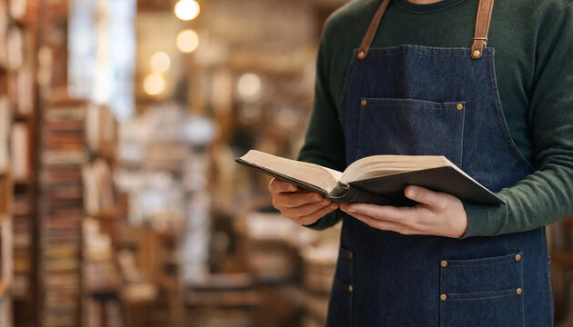 Bookseller reading and holding an open book in a warm bookstore interior. The composition has shallow depth of field and space for text on the left.