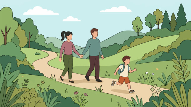 Family walking together on a nature park path, cartoon illustration
