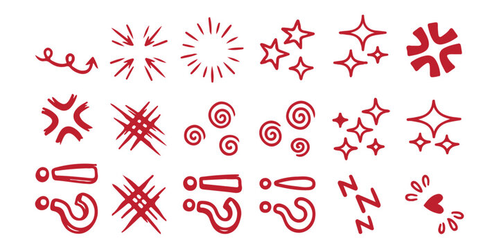 Set of hand drawn manga style comic book emotion symbols and action effect icons