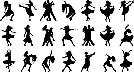 Set of silhouettes of people dancing in various styles isolated on white background for design © Tanzilur