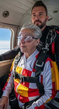 Elderly woman wearing skydiving gear and goggles inside aircraft, ready for adventure, symbolizing courage, experience, and thrill-seeking lifestyle