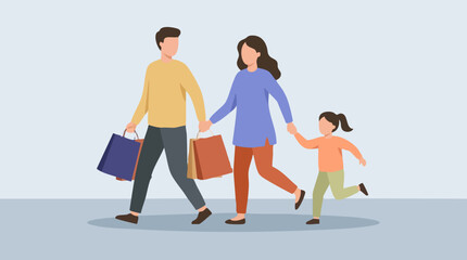Naklejka premium Happy family shopping together, parents and child walking with bags