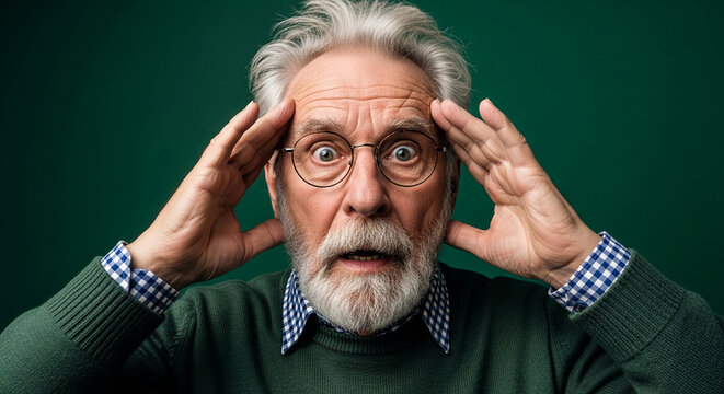 Elderly man with surprised expression, hands on temples, representing shock, confusion, or deep thought against a dark green backdrop