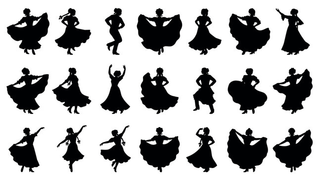 Flamenco and folk dancing silhouettes collection of women in traditional dresses performing expressive movements