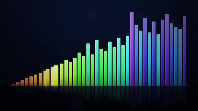 Colorful digital audio equalizer bars, vibrant music frequency spectrum visualization, neon sound wave level meter on dark background