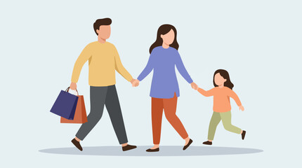 Naklejka premium Happy family walking together, parents and child holding hands, shopping