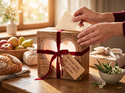 International Day of Charity concept with donation box and hands autumnal still life