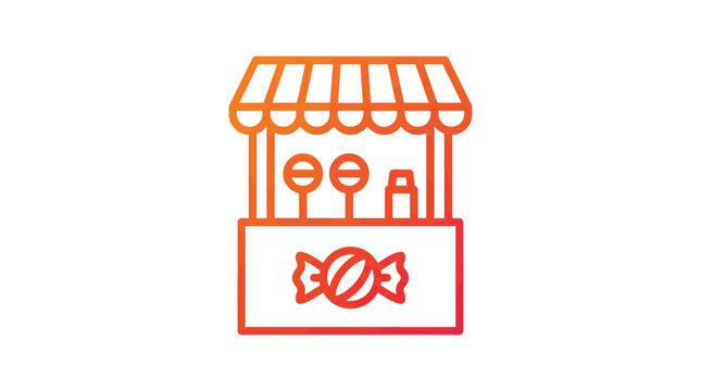 A vibrant orange and red gradient candy store icon featuring a striped awning and a single sweet wrapper design