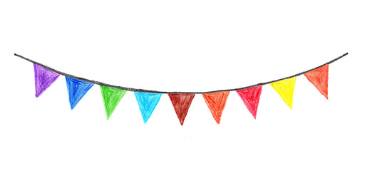 Hand-drawn colorful party bunting and flag garland with crayon texture on white background © Design By Mehedi