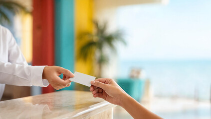 Obraz premium Hotel receptionist hands a key card to a guest across a reception counter with a blurred tropical background and sea view. Bright colorful interior suggests vacation or resort check-in.