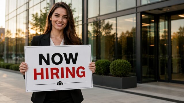 Smiling female professional holding now hiring sign board standing outside glass office building.