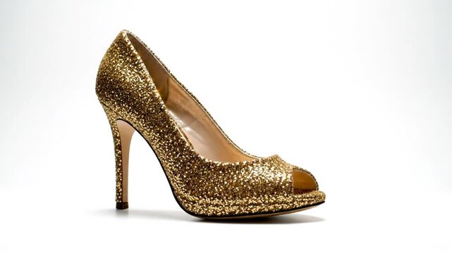 Rotating shot of a single gold glitter peep toe high heel shoe on a white background