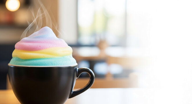 Steaming coffee cup with rainbow foam topping, representing a whimsical and delightful beverage experience, perfect for cafes and lifestyle themes