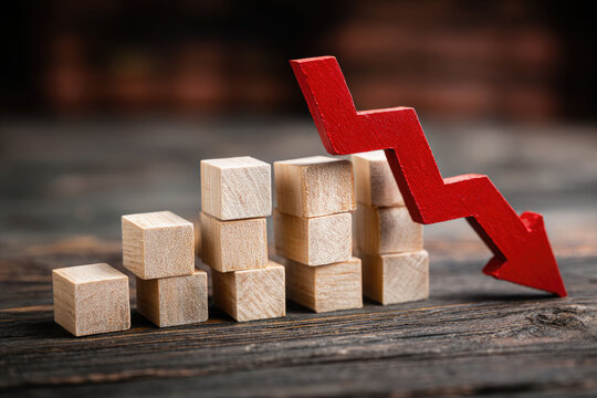 Business decline, performance decrease arrow drop down. Market loss concept diagram in  arrow chart wooden block. 