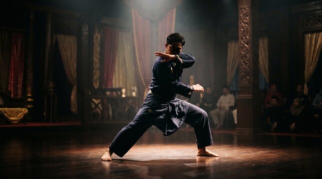 Dynamic martial artist performing traditional silat moves in a dramatic, dimly lit indoor setting, showcasing strength and cultural heritage.
