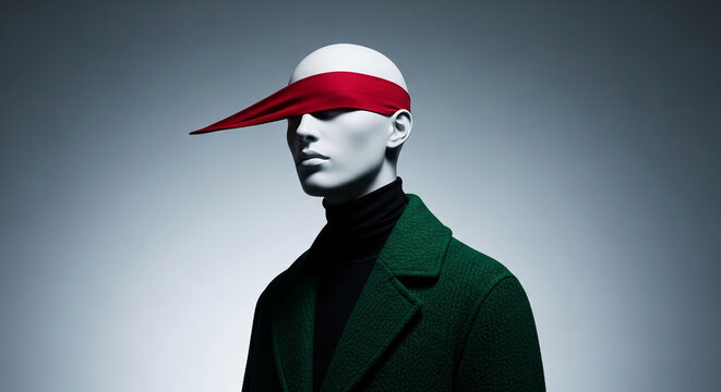 White mannequin head with red blindfold and green coat, representing blind faith, vulnerability, or abstract fashion concept