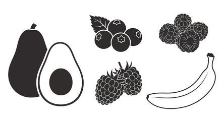 Black and white illustrations of various fruits with blueberries blackberries raspberries illustrations avocado nutrition healthy graphic with banana © Nimay