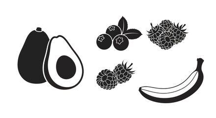 Black and white illustration of various fruits with blueberries blackberries raspberries with blackberry blueberry raspberry nutrition © Nimay
