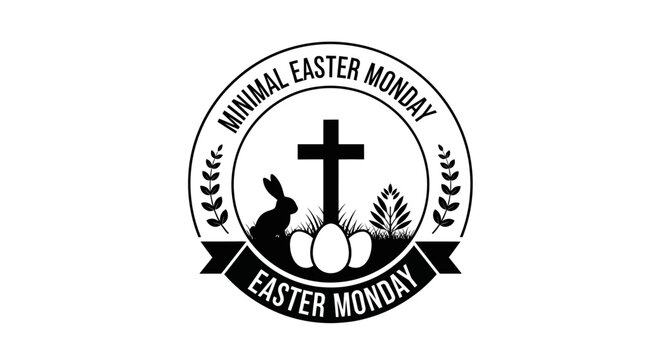 Minimal easter monday logo with cross bunny eggs with black white easter religion holiday graphic leaves symbol