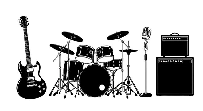 Black and white illustration of musical instruments for a band with illustration guitar drum drum set microphone amplifier equipment drums