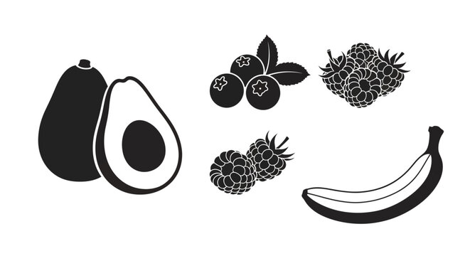 Black and white illustration of various fruits with blueberries blackberries raspberries with blackberry blueberry raspberry nutrition