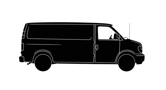 Side view of a black van silhouette with white outline on a plain background with outline viewed automotive transport vehicle